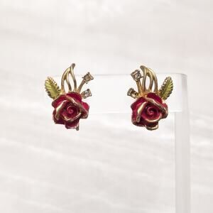 Vintage Screw Back Earrings Red Rose, Gold Tone, Clear Gems - Fair Condition